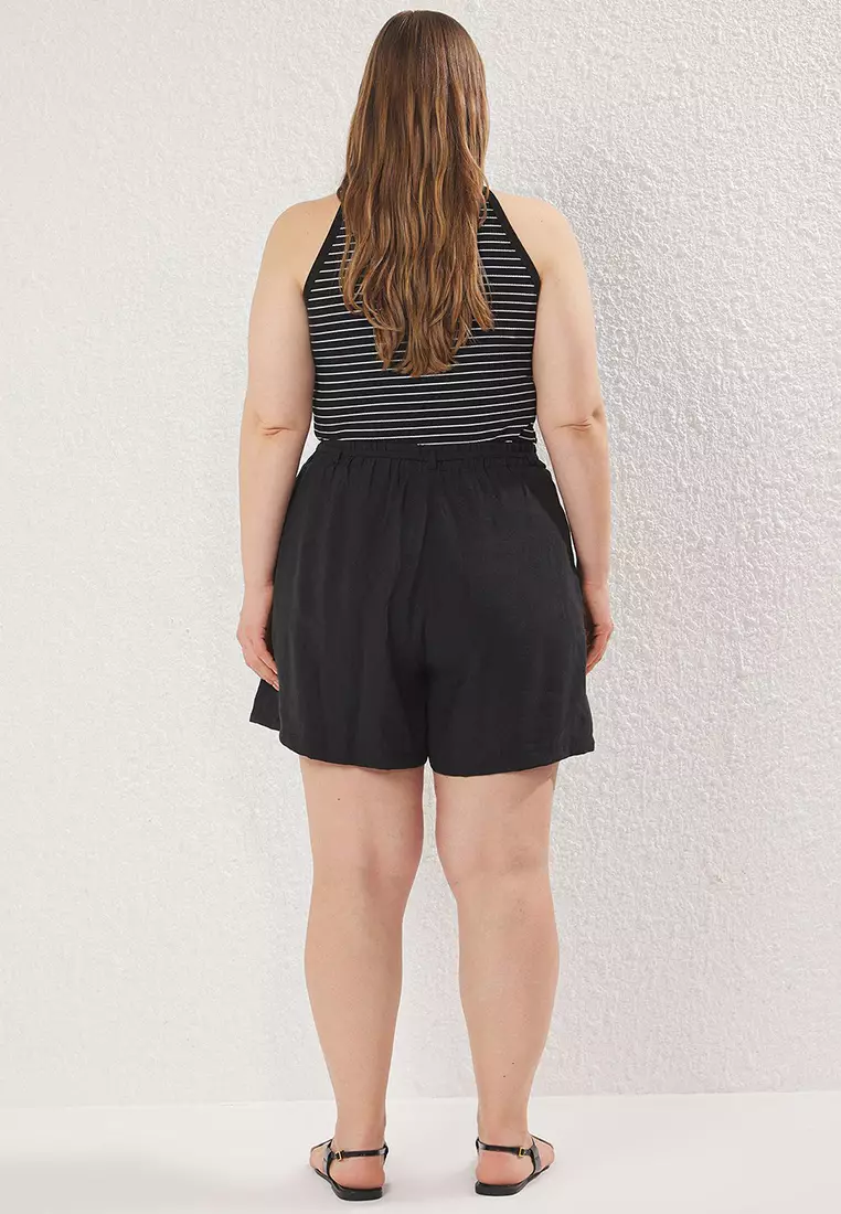 Black Summer Lace-Up Pleated High Waist Wide Leg Woven Shorts & Bermuda TBBSS25AP00019