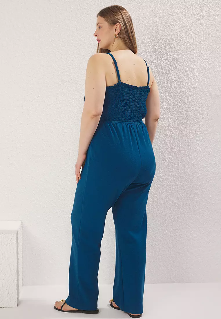 Blue Strappy Knitted Plus Size Jumpsuit Tbbss25Bg00011