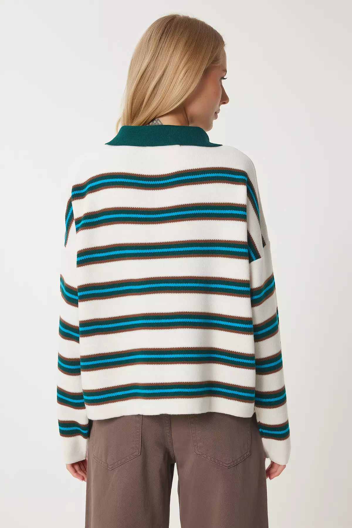 Buy Happiness Istanbul Women's Cream Emerald Green Polo Neck