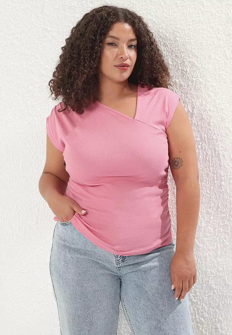 Pink Soft Fabric Asymmetrical Collar 100% Cotton Knitted Plus Size Blouse Tbbss25Af00002