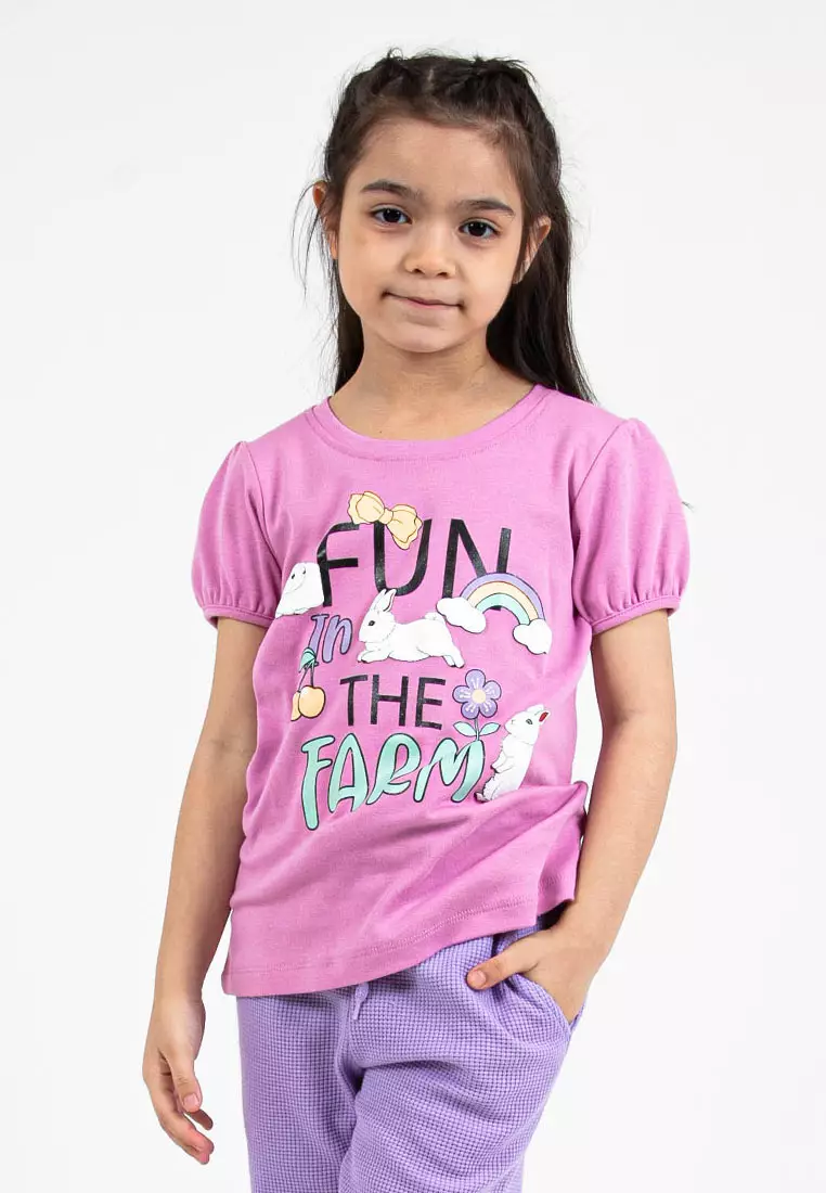 Forest Kids Girls Cotton Interlock Short Sleeve Graphic Round Neck T-Shirt | Baju Budak Perempuan - FK820059-72LtPurple