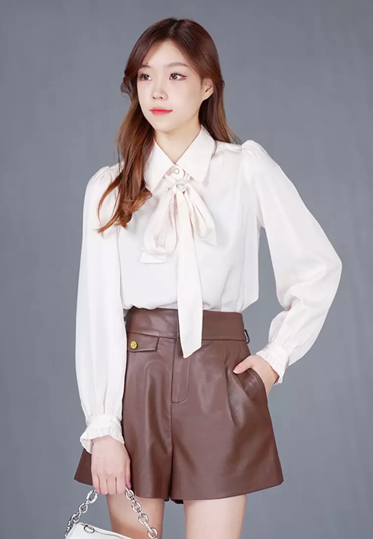 Long Puff Sleeve Chiffon Top with Bow Tie