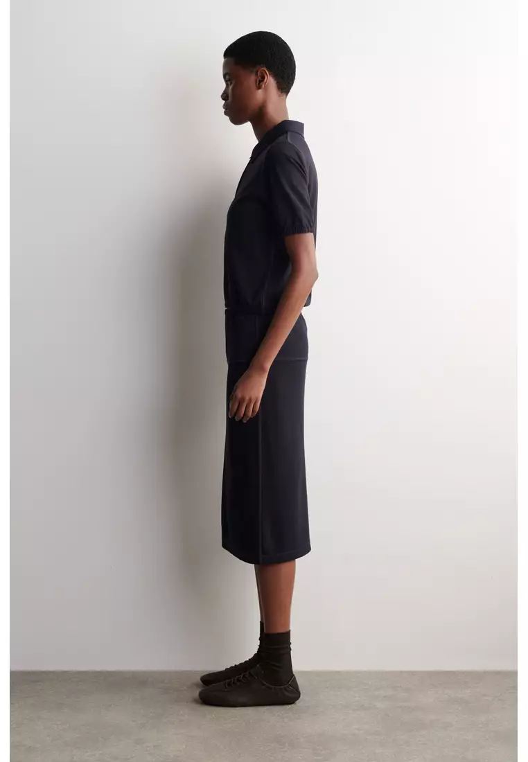GATHERED JERSEY ZIPPED POLO TOP