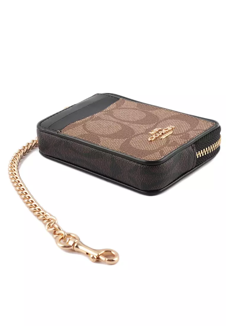 Buy Coach Coach Zip Card Case In Blocked Signature Canvas Brown/Black