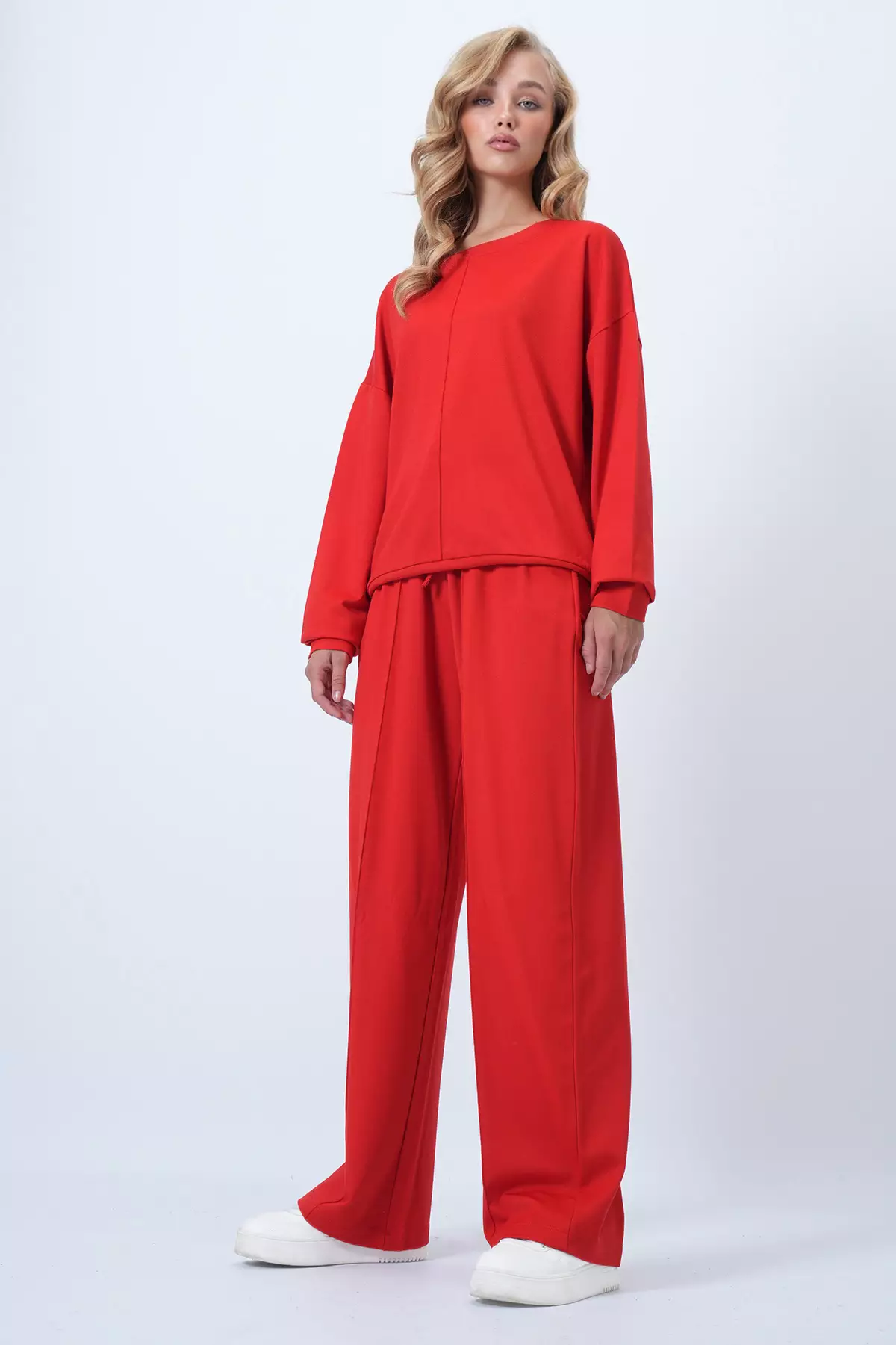 Red Crew Neck Blouse With Ribbed Front And Double Pocket Trousers Set Alc-X14543