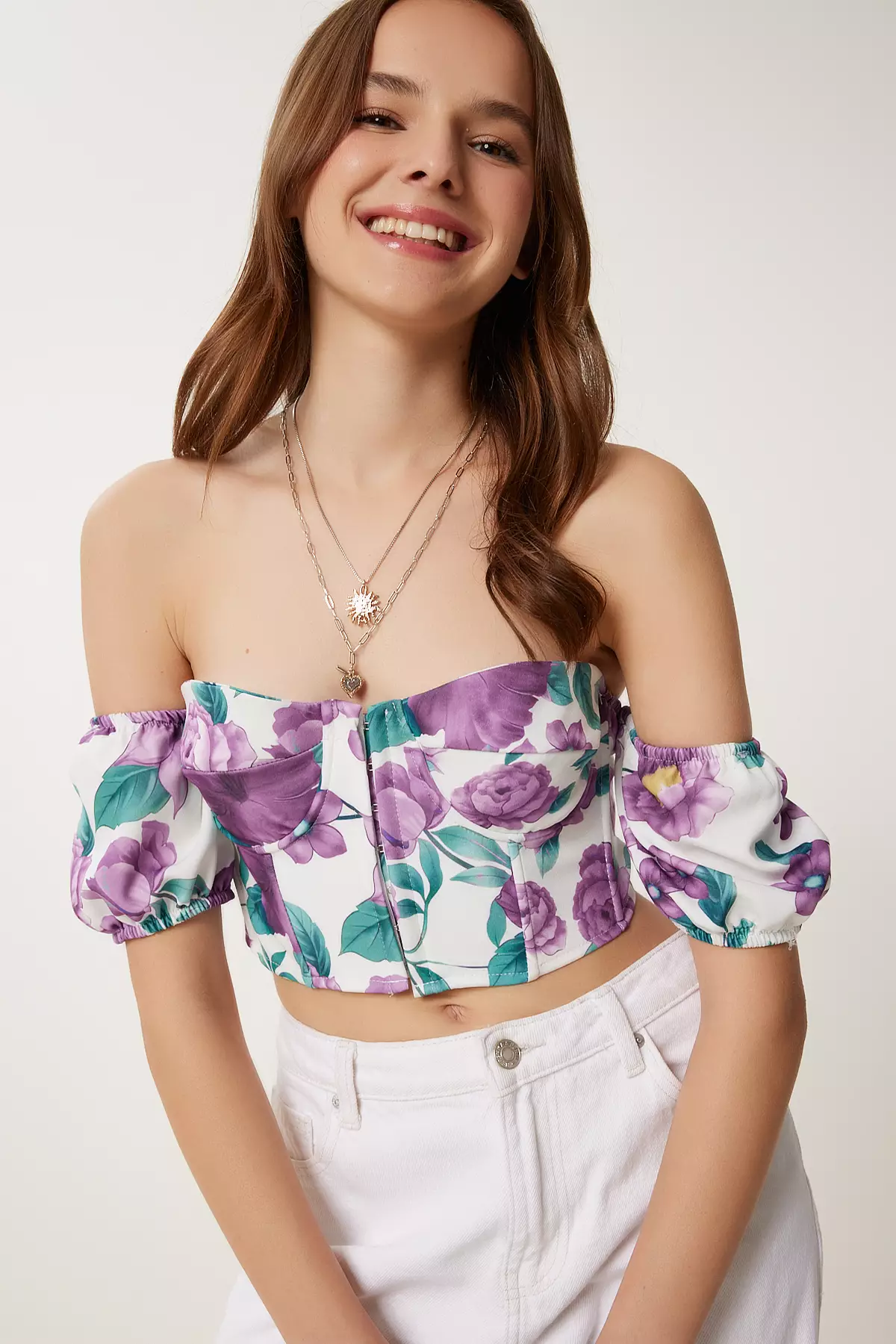 Women's Purple Bone Pattern Crop Viscose Blouse Cr00510