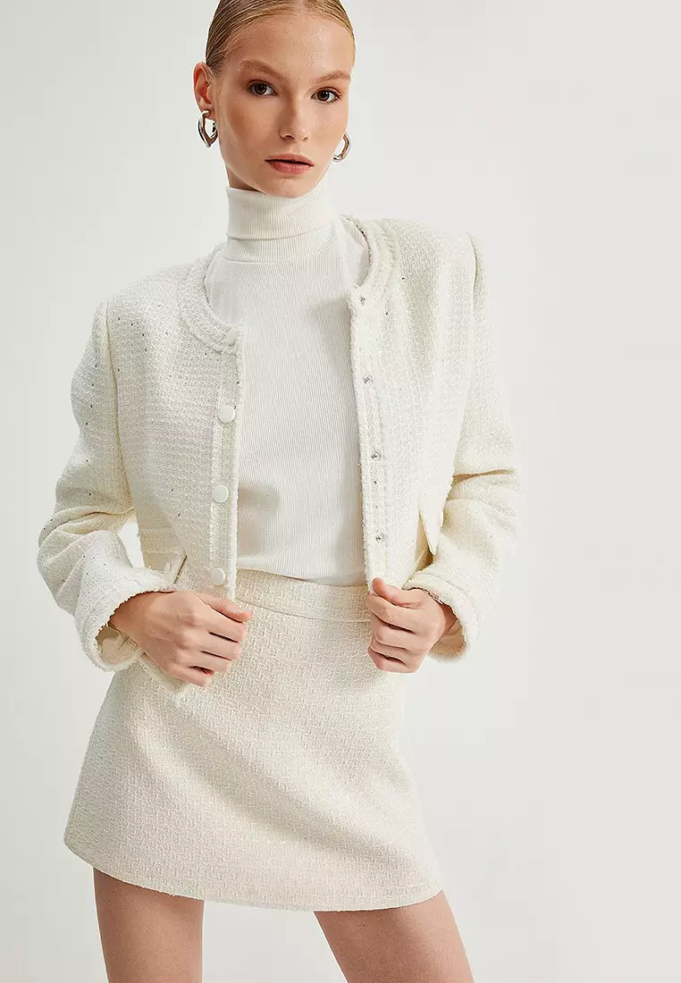 Glittery Round Neck Tweed Jacket