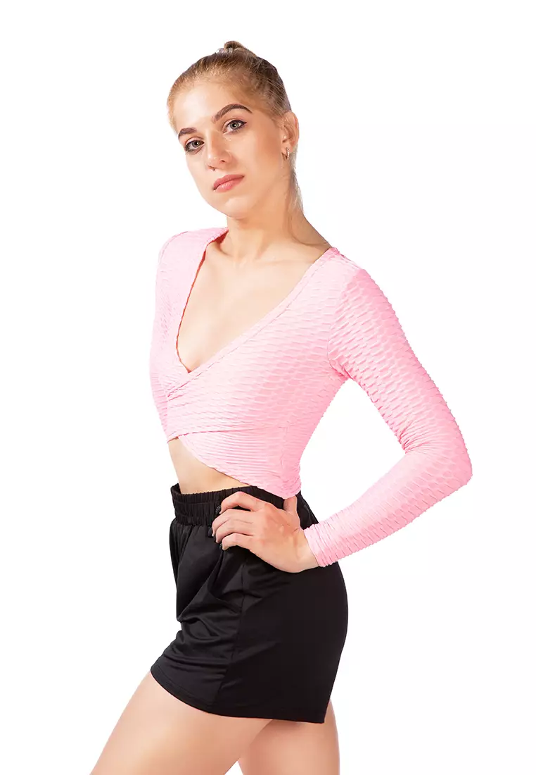 V-Neck Wrap Yoga Crop Top in Pink