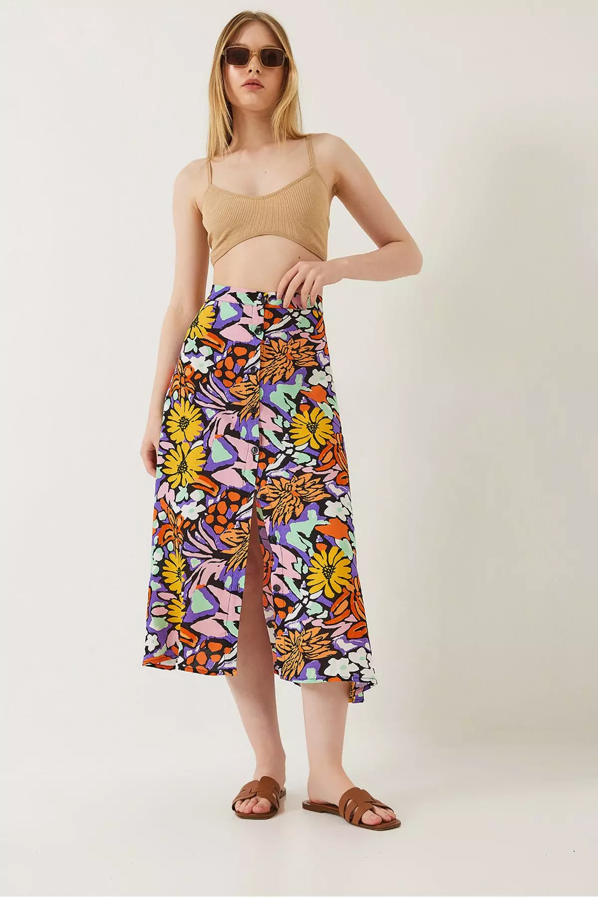 Women's Multi Patterned Front Buttoned Viscose Skirt 60261351