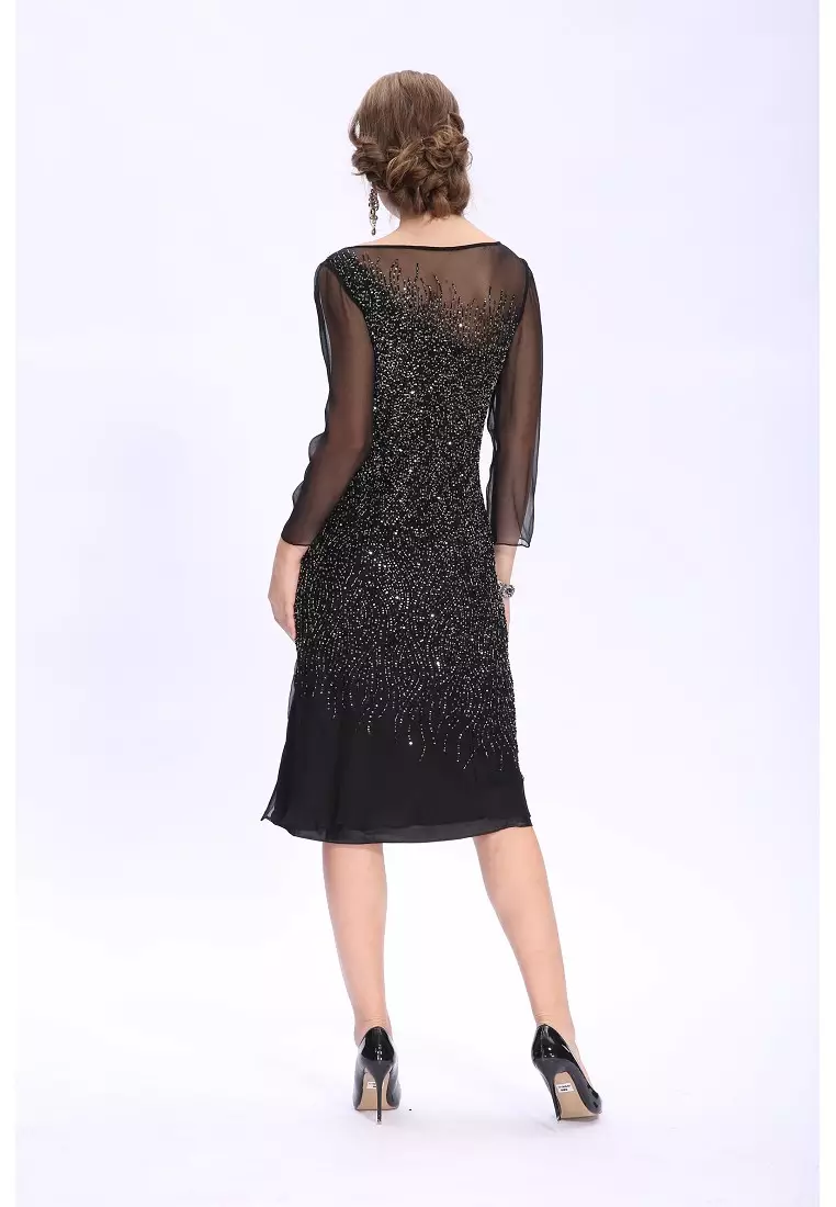 時尚釘珠短袖領修身晚裝短裙