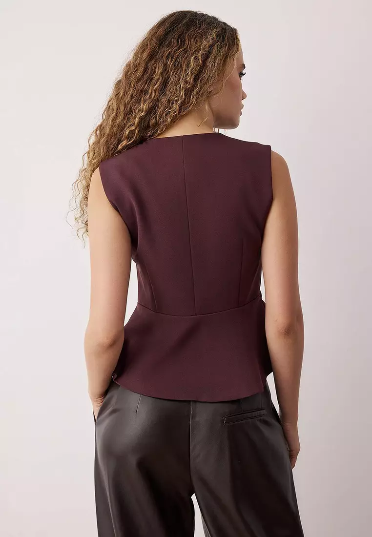 Burgundy Fitted Peplum Detailed Accessory Buttoned Vest