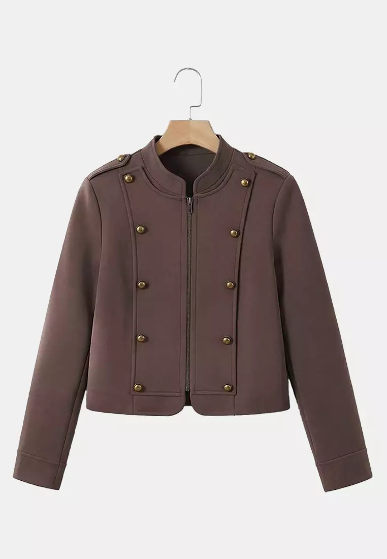 Brown Fitted/Body-Fitting Zippered Lined Button Detailed Napoleon Jacket Twoss26Ce48