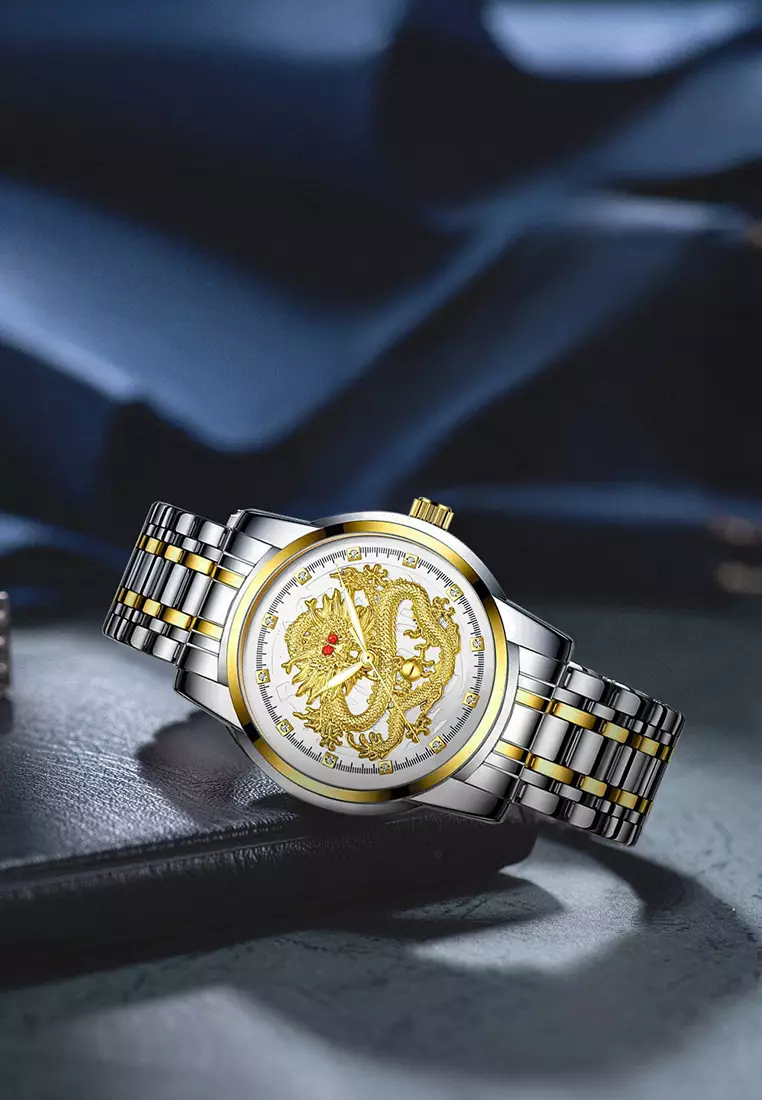 Jam Tangan Pria 9002 Naga Emas Stainless Steel Quartz Original Dragon Gold Kuning Jam Tangan Cowok white
