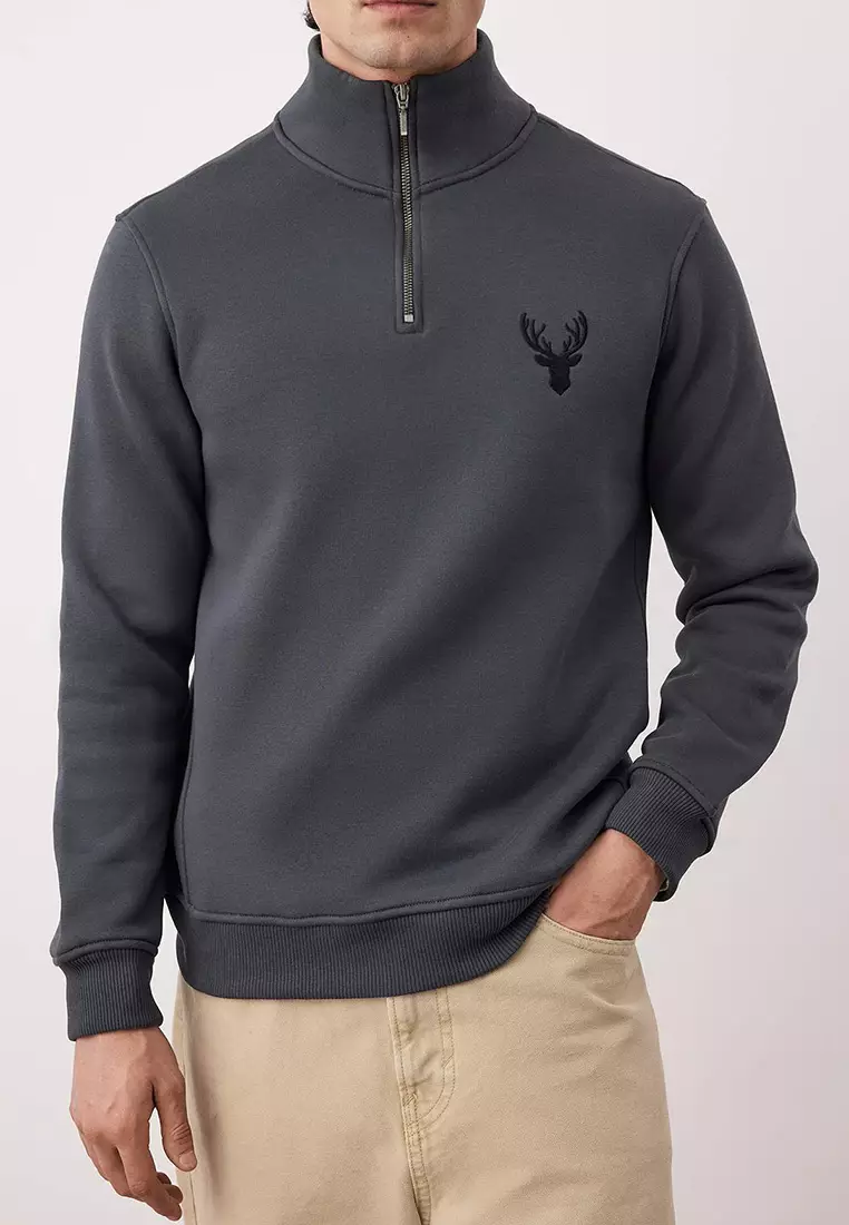 Anthracite Regular Cut Stand Collar Zippered Cotton Deer Embroidery Sweatshirt