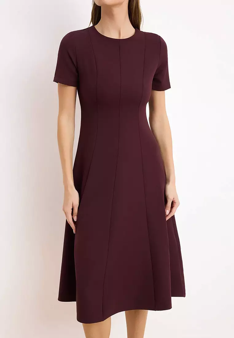 Dark Burgundy Straight Skirt Waist Opening Midi Woven Dress Twoss25El79