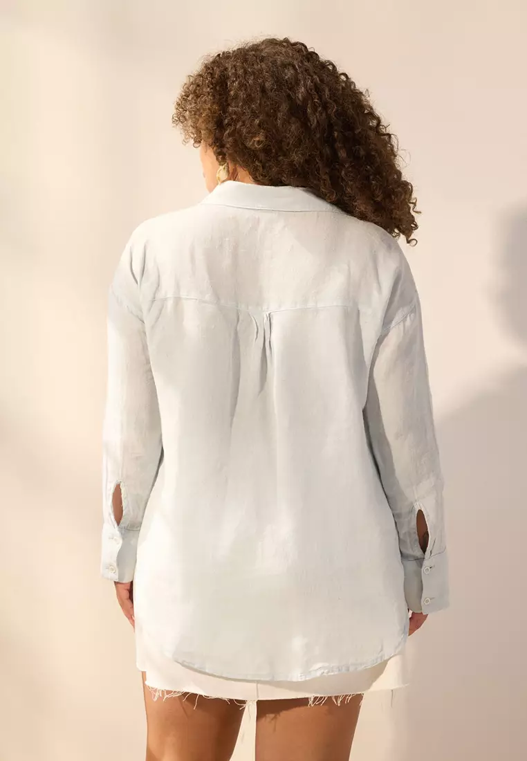 Blue 100% Linen Woven Plus Size Shirt TBBSS25AX00021