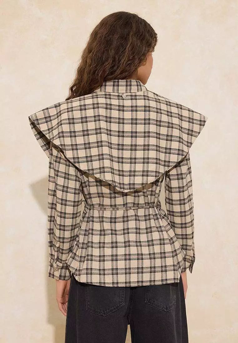 Plaid Detachable Shawl Detailed Shirt