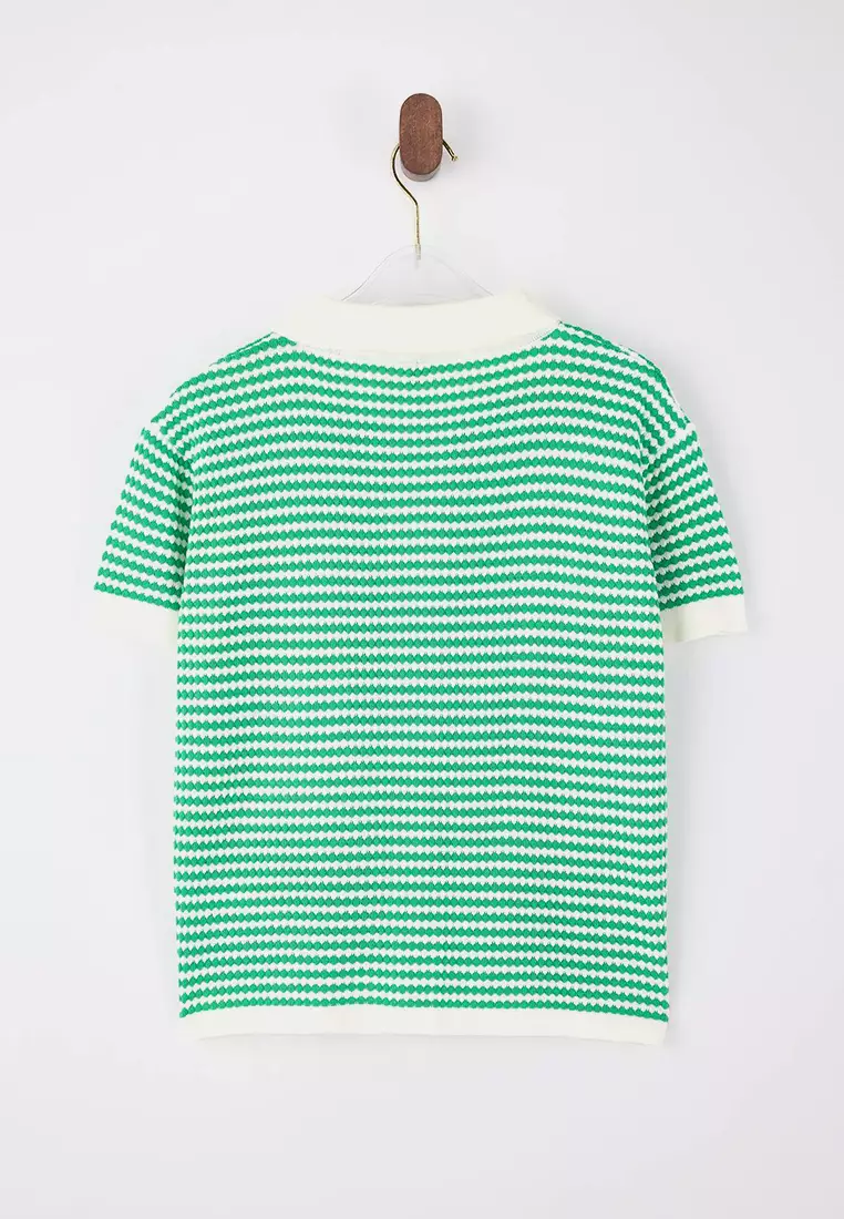 Green Polo Neck Striped Knitwear Medium Blouse Twoss25Bz183