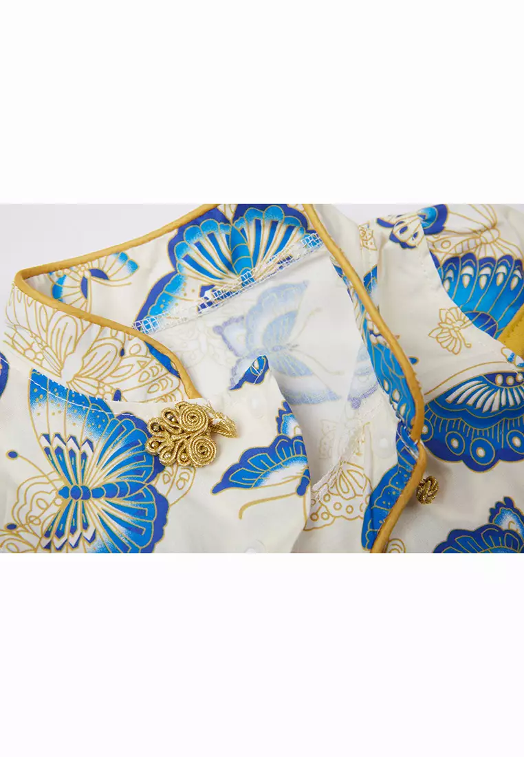 女童藍色蝴蝶漢服唐裝旗袍哈衣連體衣新年拜年衣服