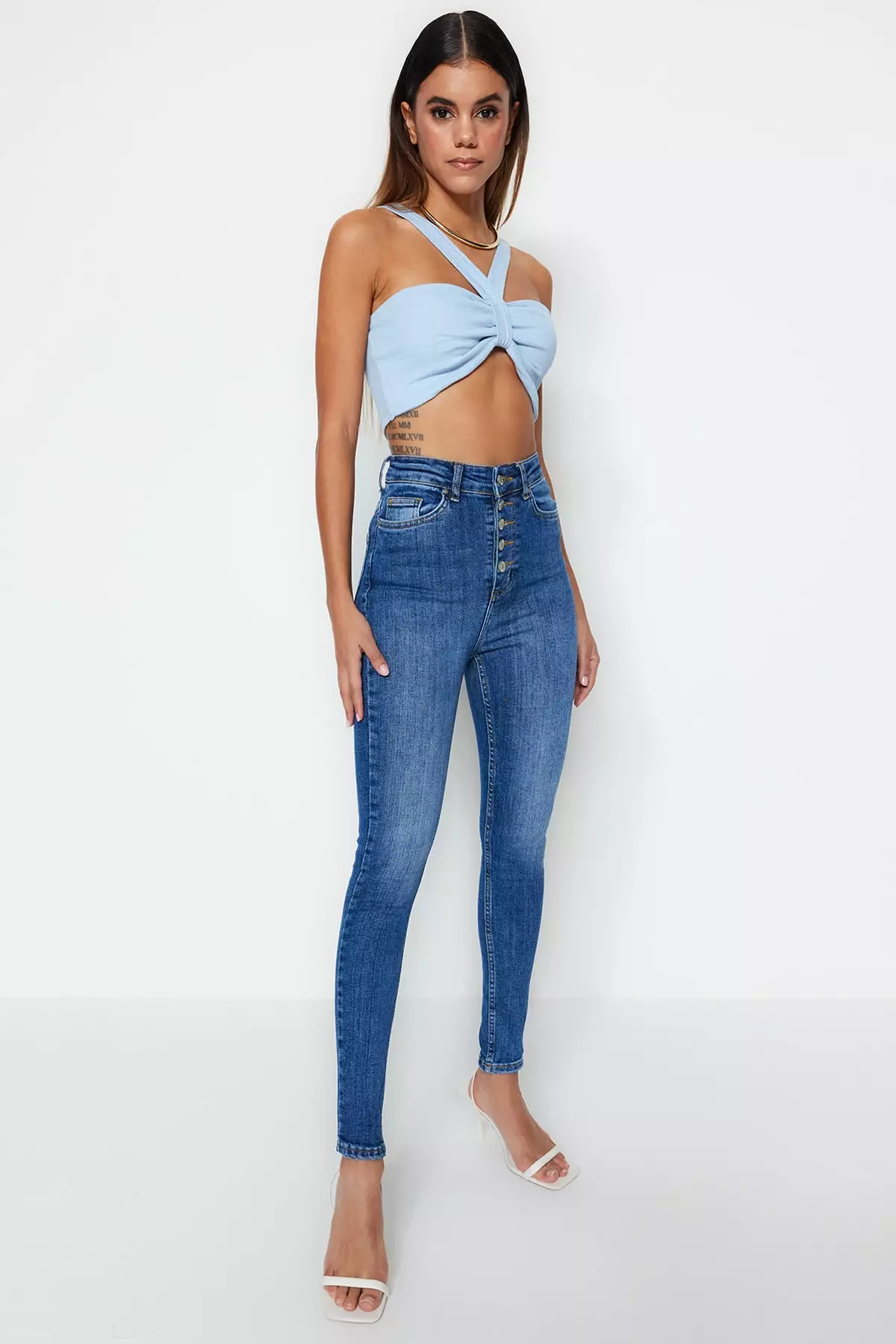 Front Button High Waist Skinny Jeans