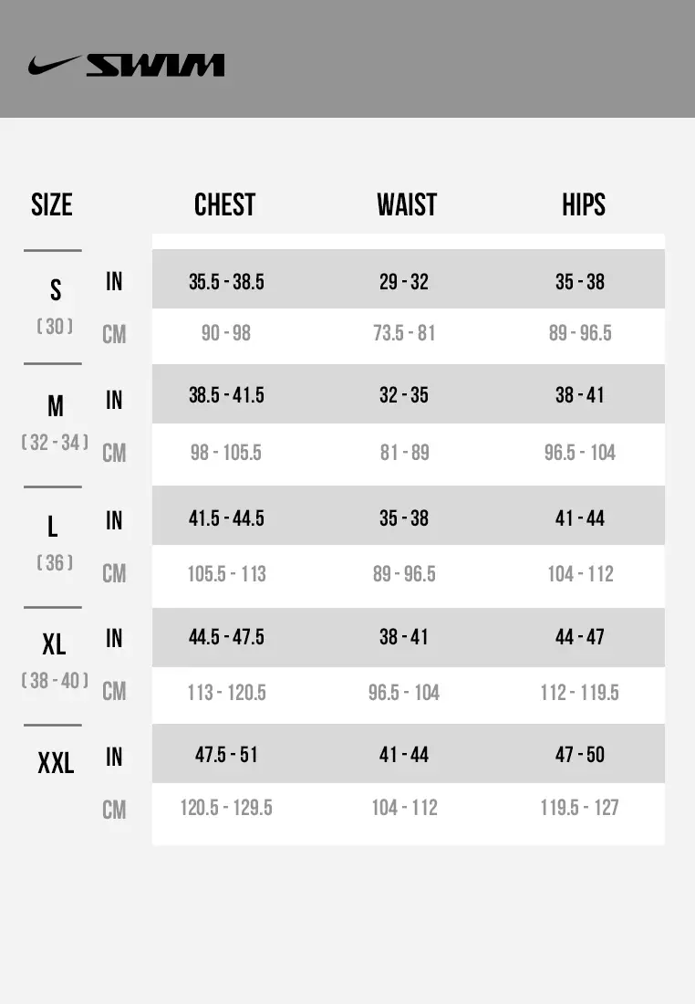 Nike swimwear size chart on sale