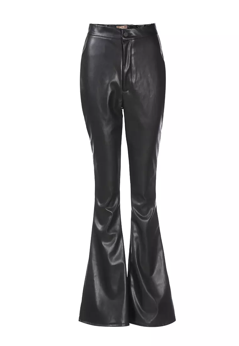 Black Faux Leather High Waist Flared Trousers