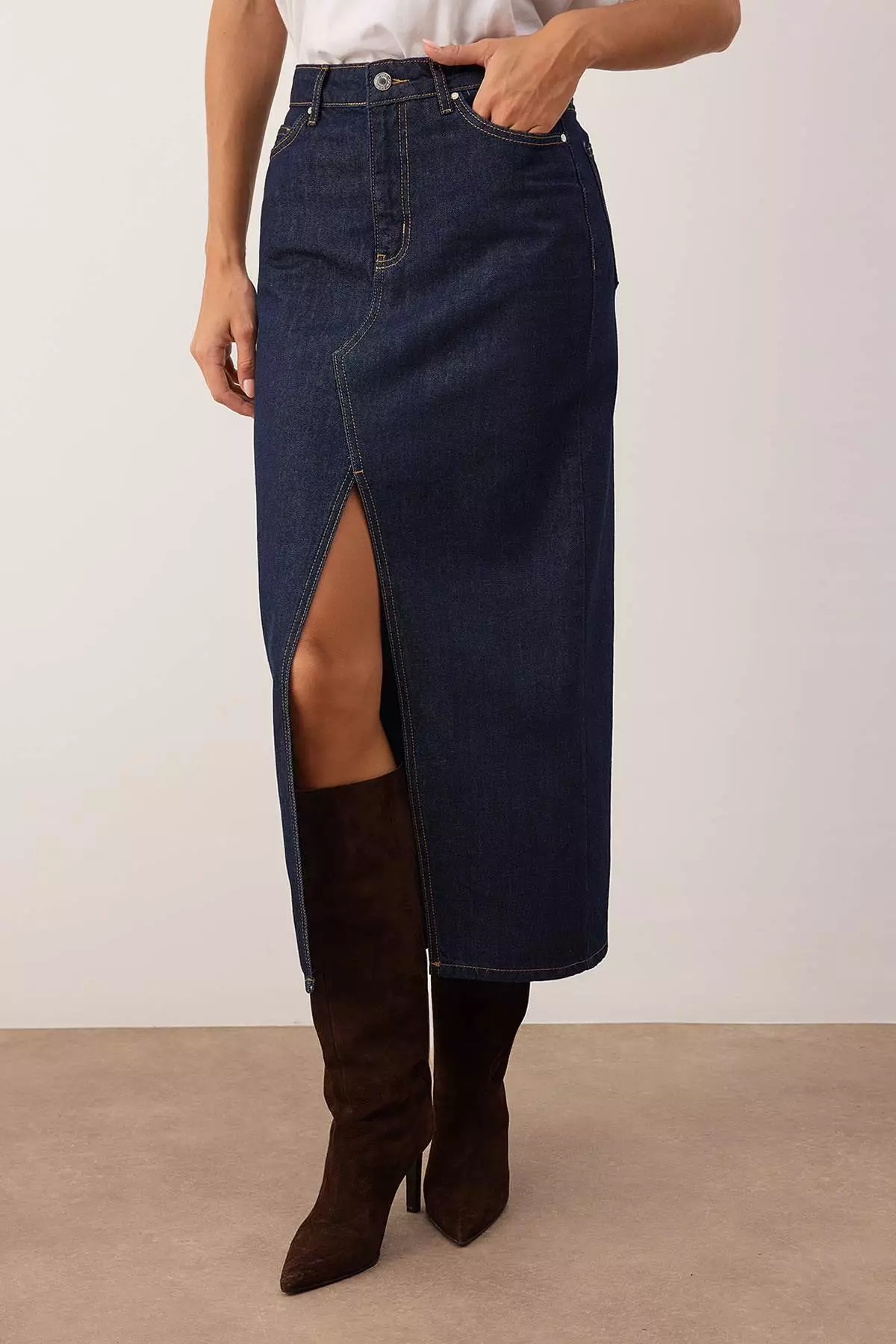 Dark Blue Slit Maxi Denim Skirt Twoaw26Et144