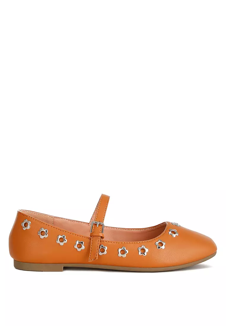 Discount on London Rag  shoes - SKU: Tan Floral Eyelet Strapped Ballerinas