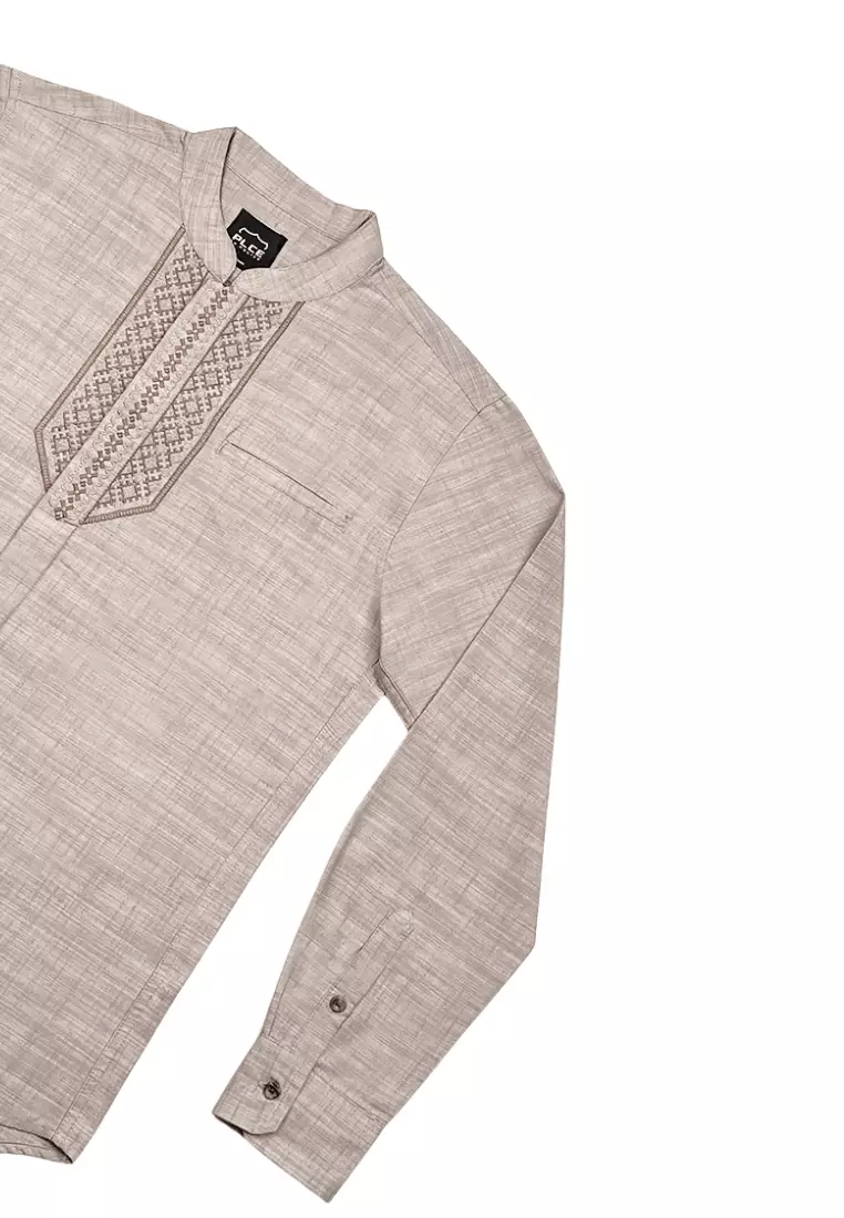 POLICE Kemeja Koko Bordir Cotton Slub Regular Fit Lengan Panjang Pria