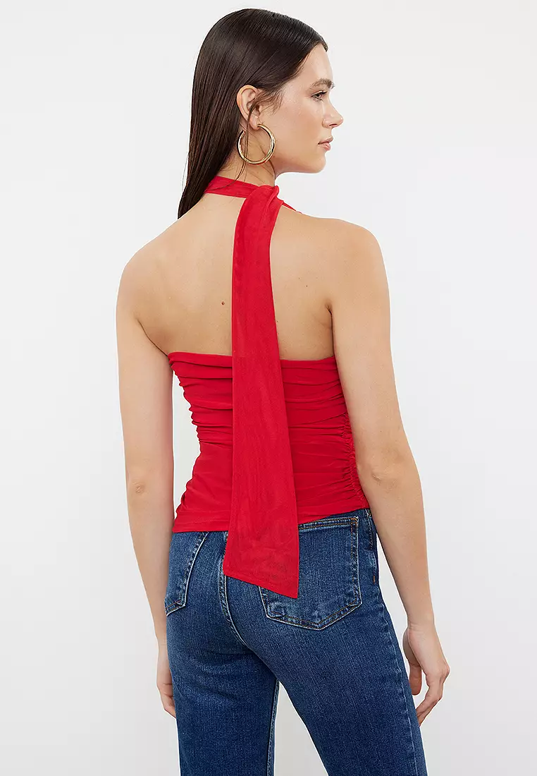 Red Halter Neck Gathered Lined Stretchy Knitted Blouse