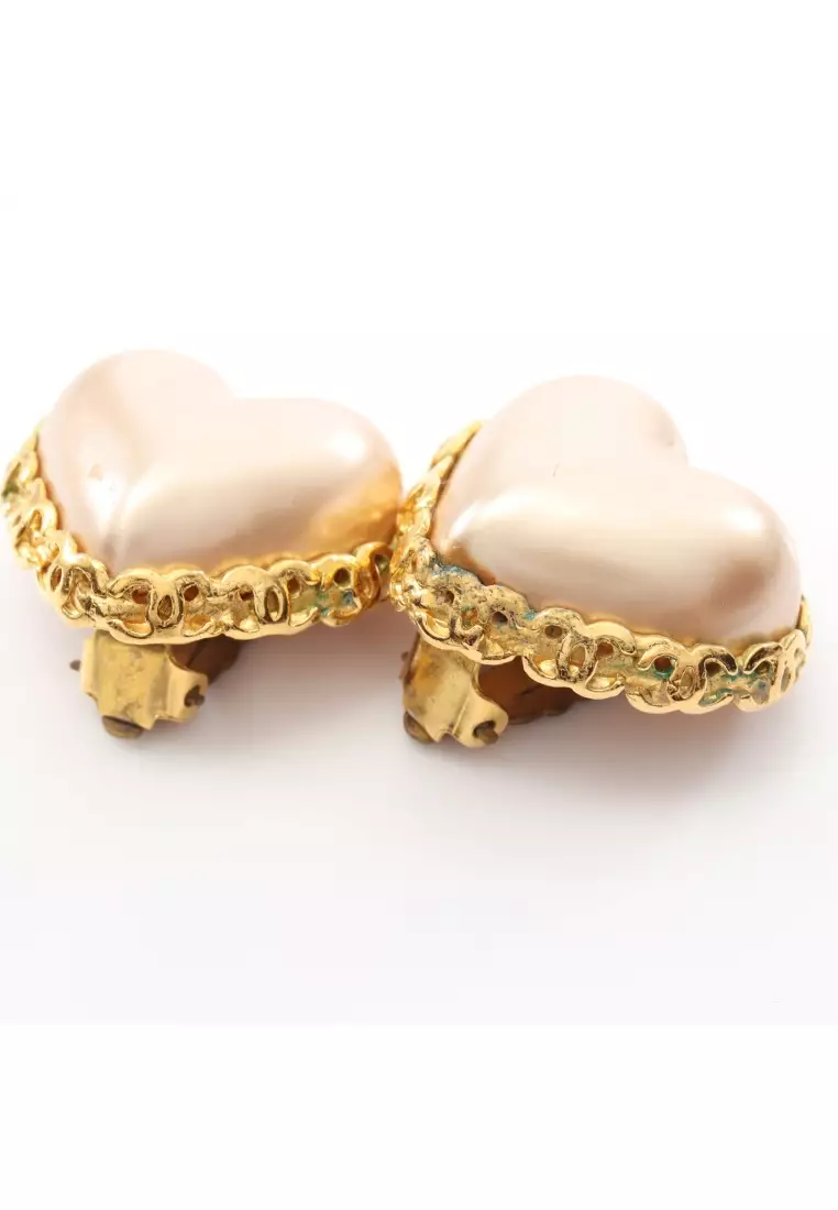 Pre-Loved Chanel heart coco mark earrings GP Fake pearl gold pink 2-8