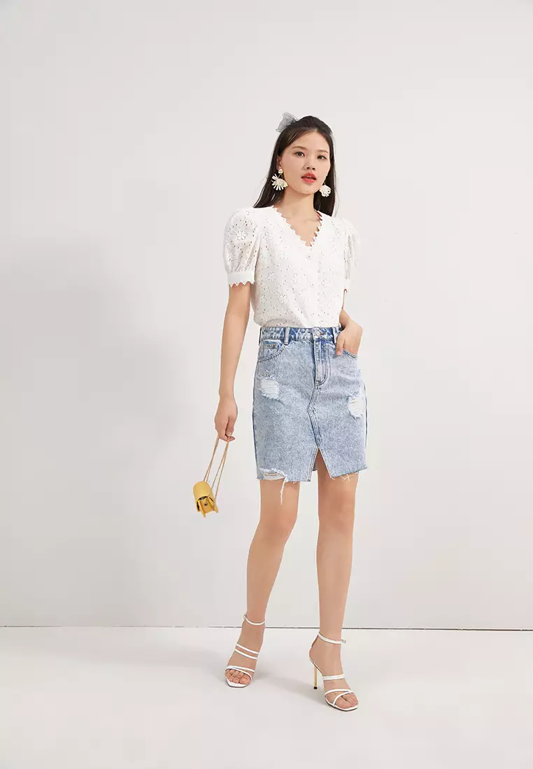 Acid Wash Front Slit Denim Short Skirt