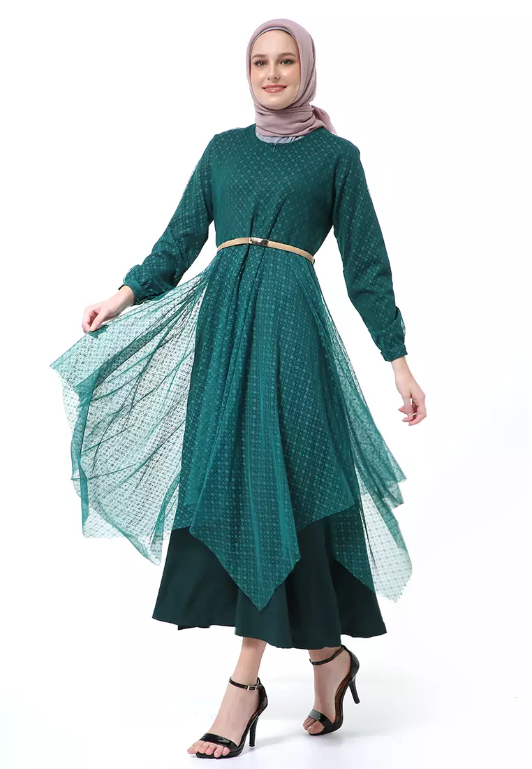 Zahwa Long Dress Gamis Muslimah Long Sleeve Free Belt High Quality - Deep Green