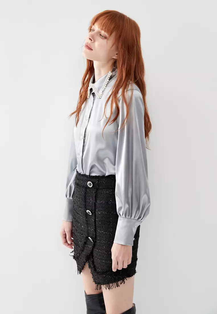 Grey Satin Blouse With Pearl Collar Detail