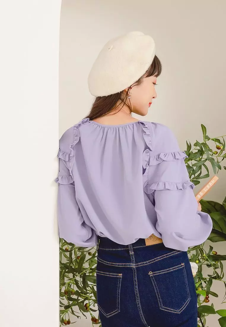 Sweet Bow Tie Ruffle Trim Long Puff Sleeve Top [AB17751]