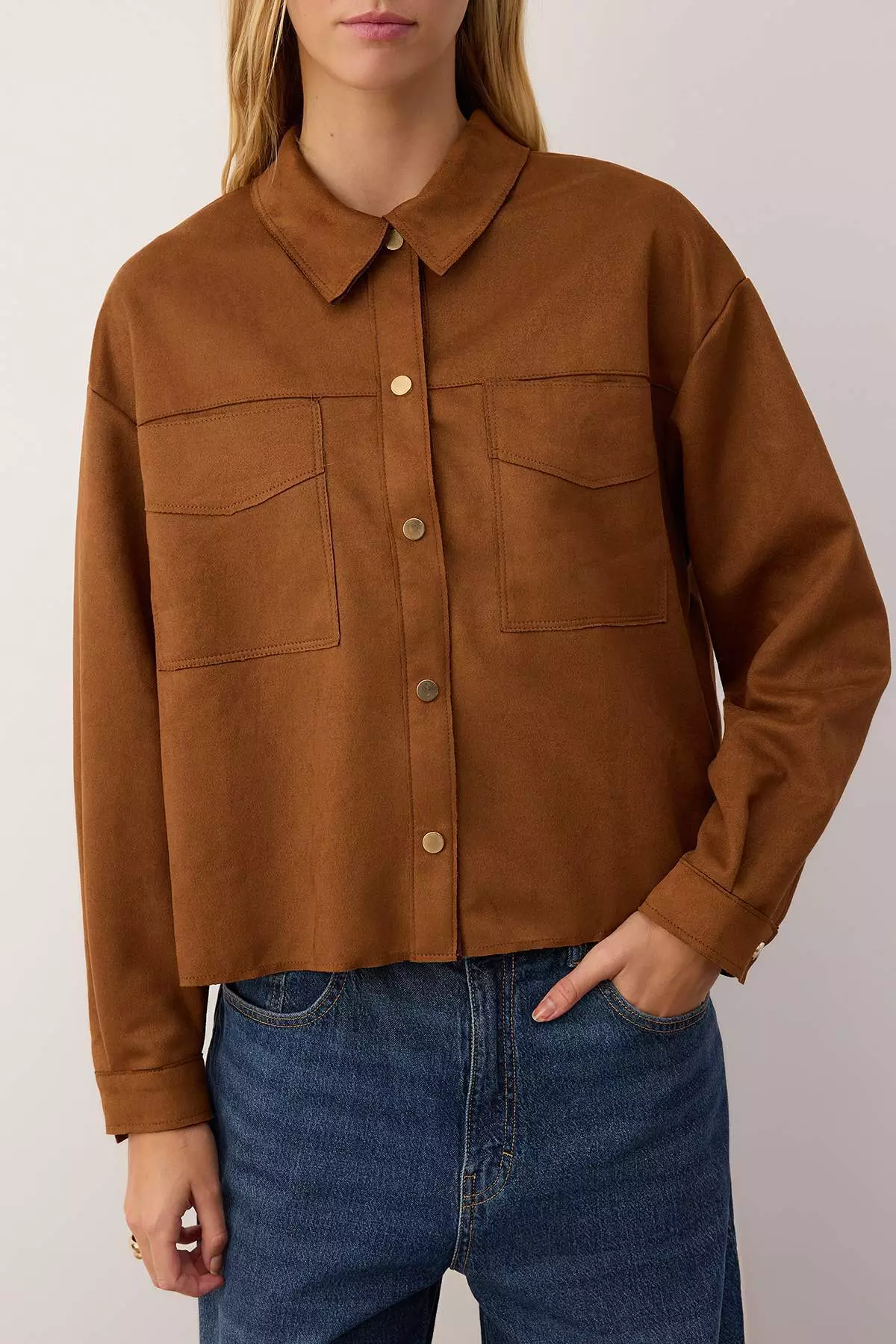 Brown Gold Button Detailed Suede Shirt Jacket