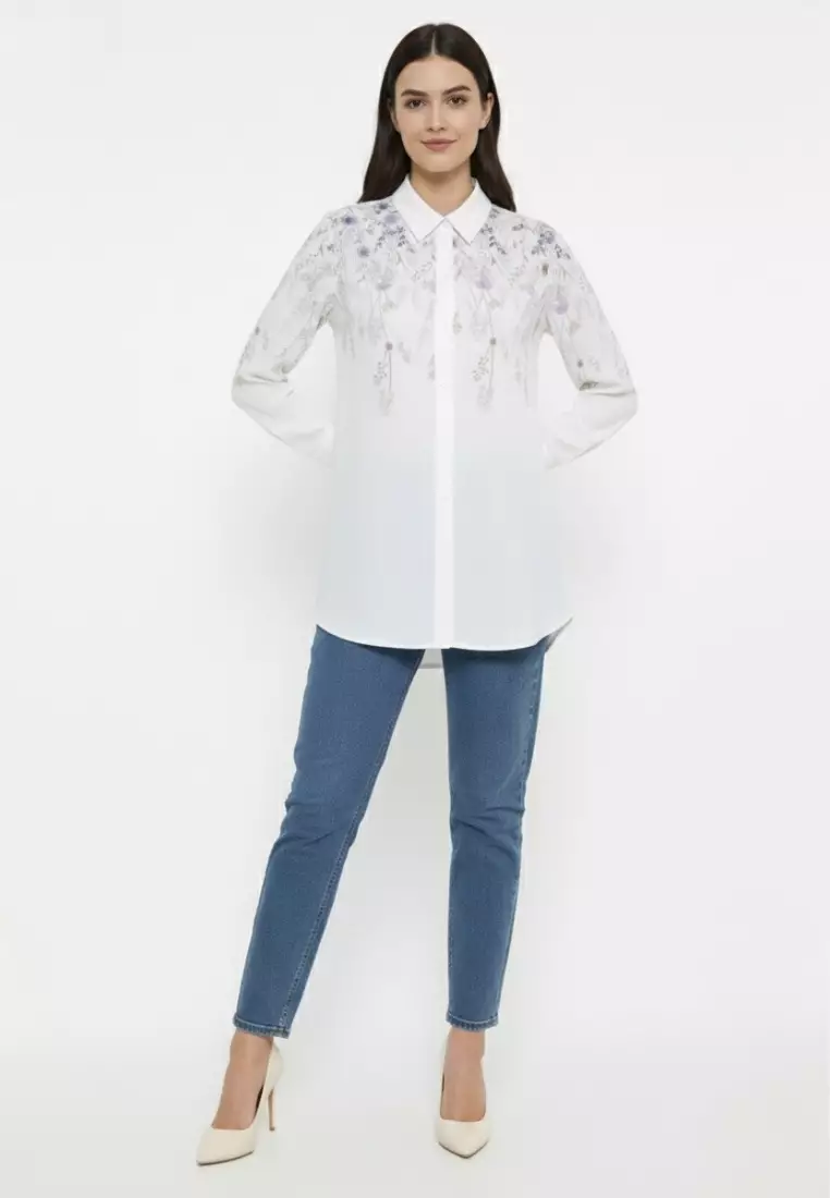Shirt Flower White Gardernia Long Sleeve Cotton Silk Casual Daily Look By Brilliant Girl Warna Putih