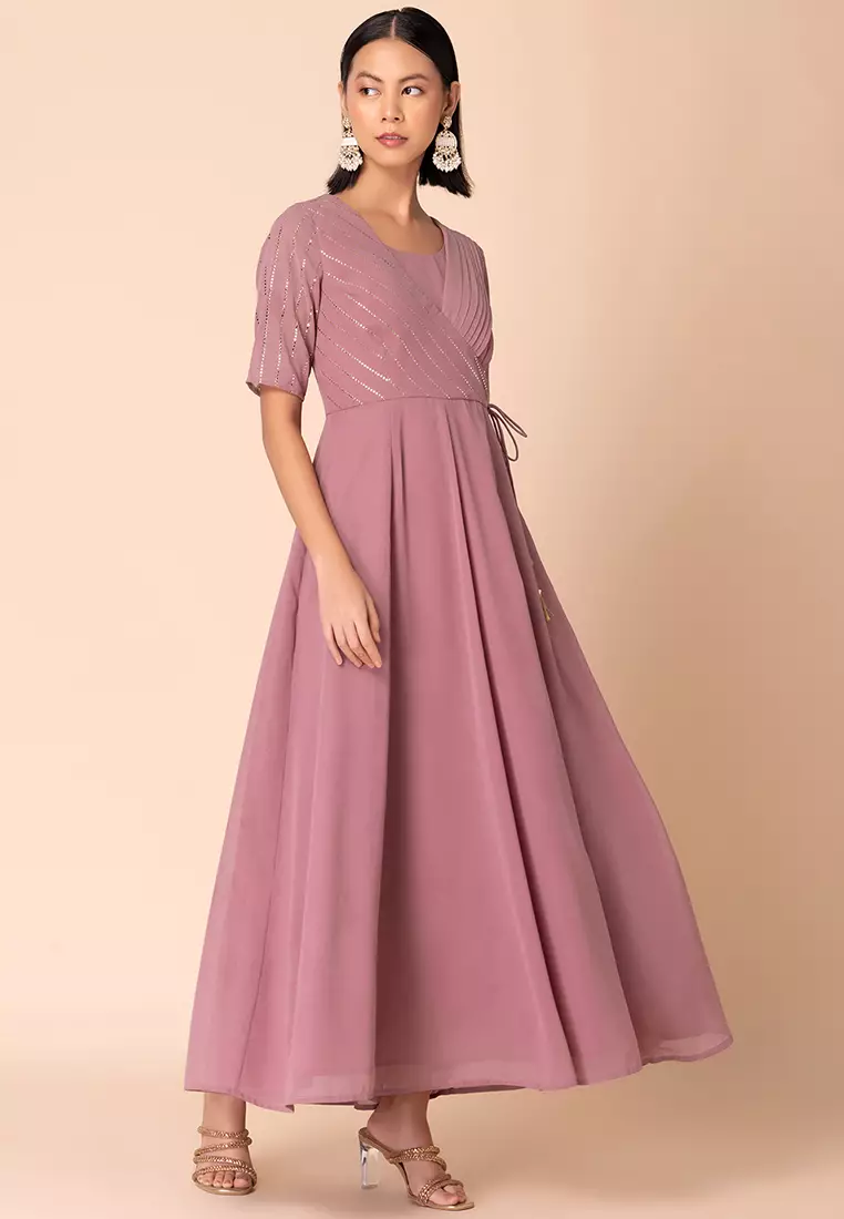 Light Pink Striped Foil Print Angrakha Kurta With Attached Dupatta