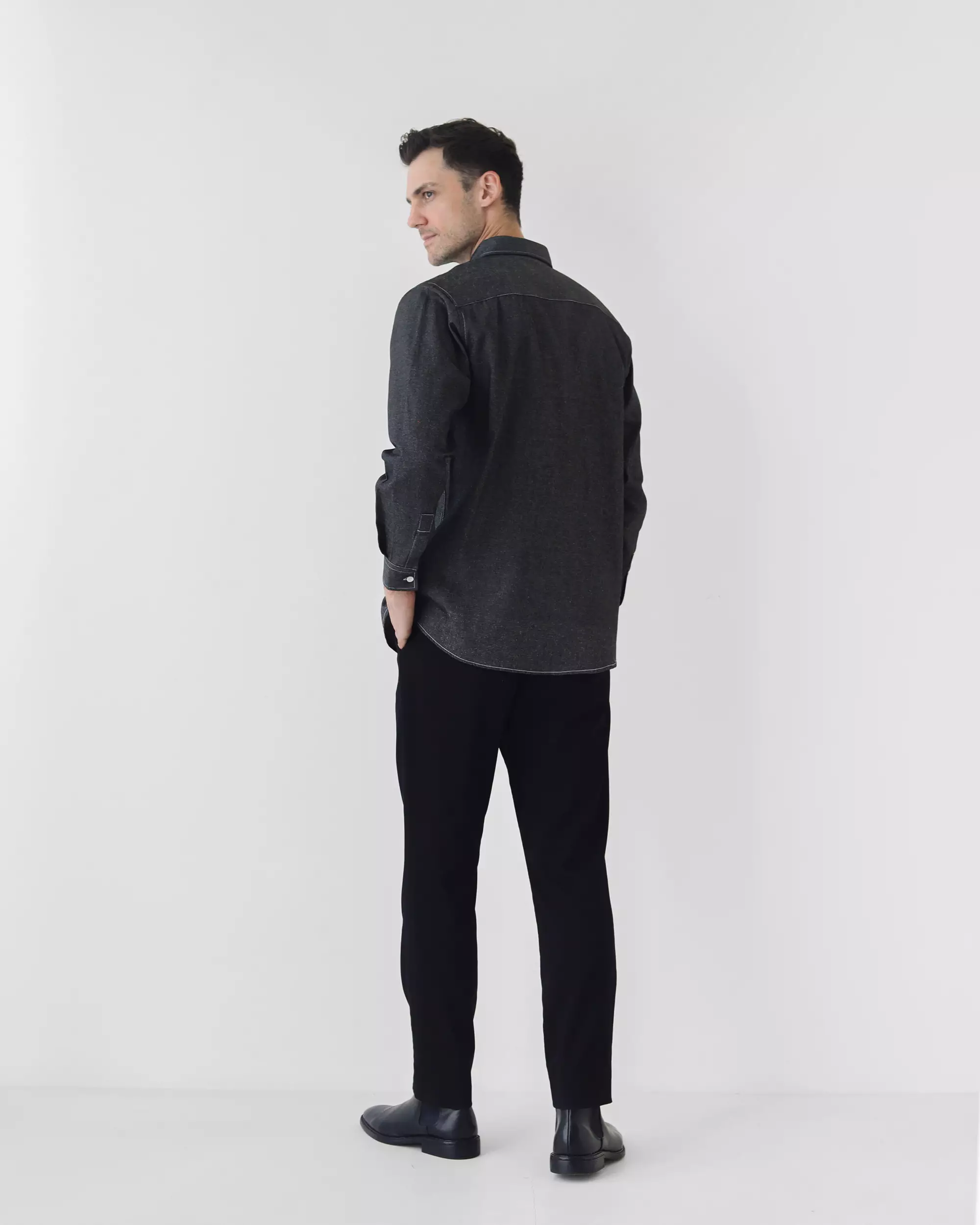 Cotton Well Light Denim Series in Washed Black | Kemeja Lengan Panjang Denim Hitam