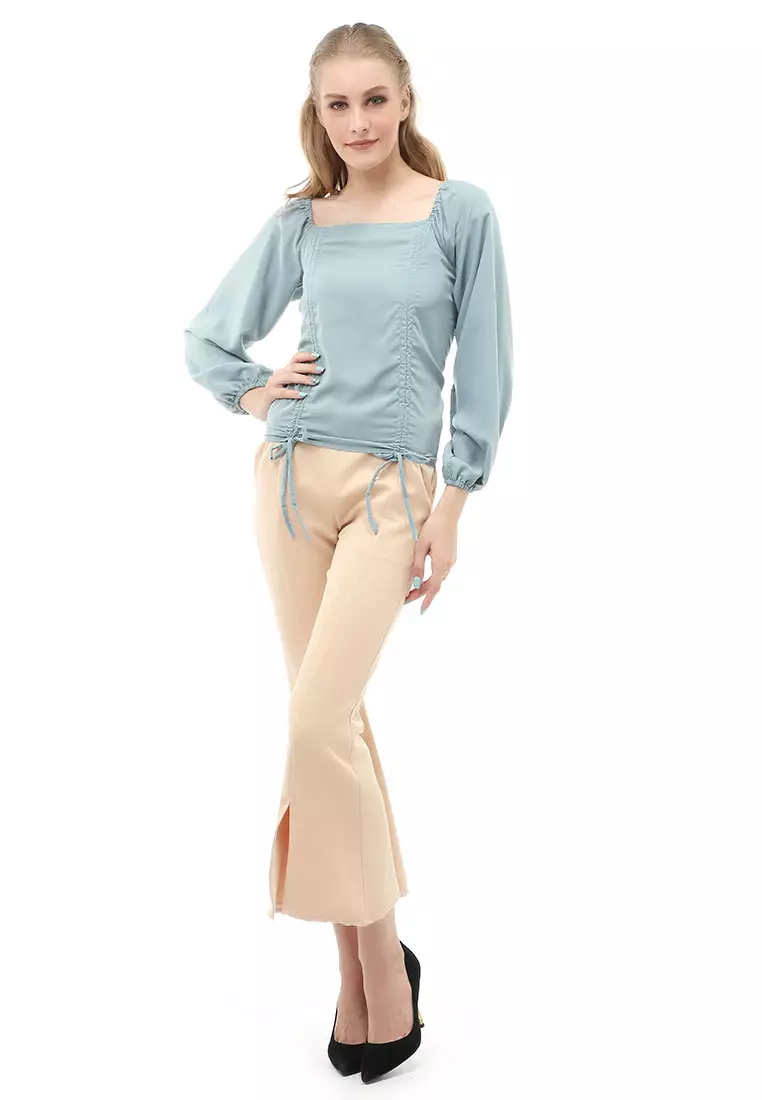 Cheva Blouse Atasan Wanita Sabrina Tali Lengan Panjang Casual Top Long Sleeve Comfortable Material Wolfis ORIGINAL - Mint