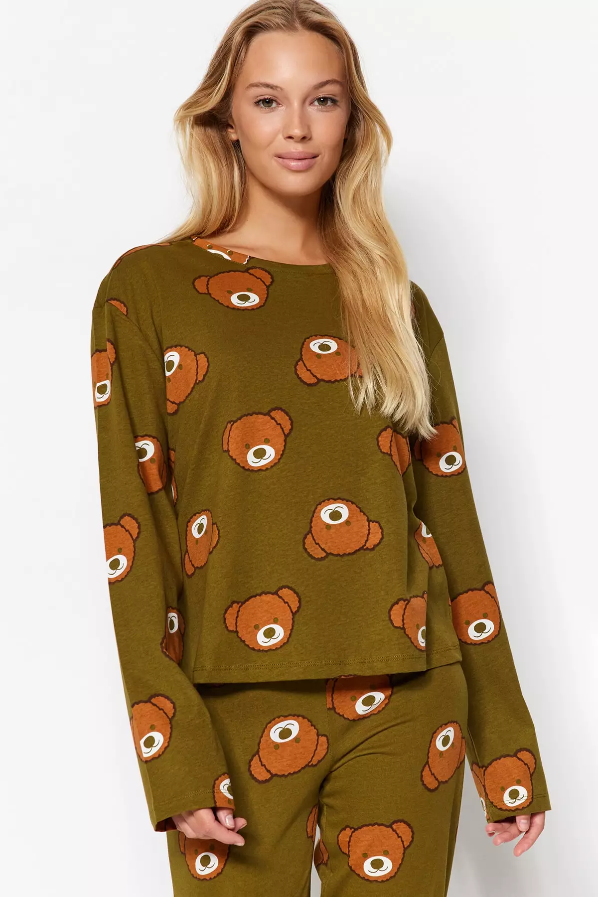 Khaki 100% Cotton Teddy Bear Patterned Knitted Pajama Set THMAW23PT00514