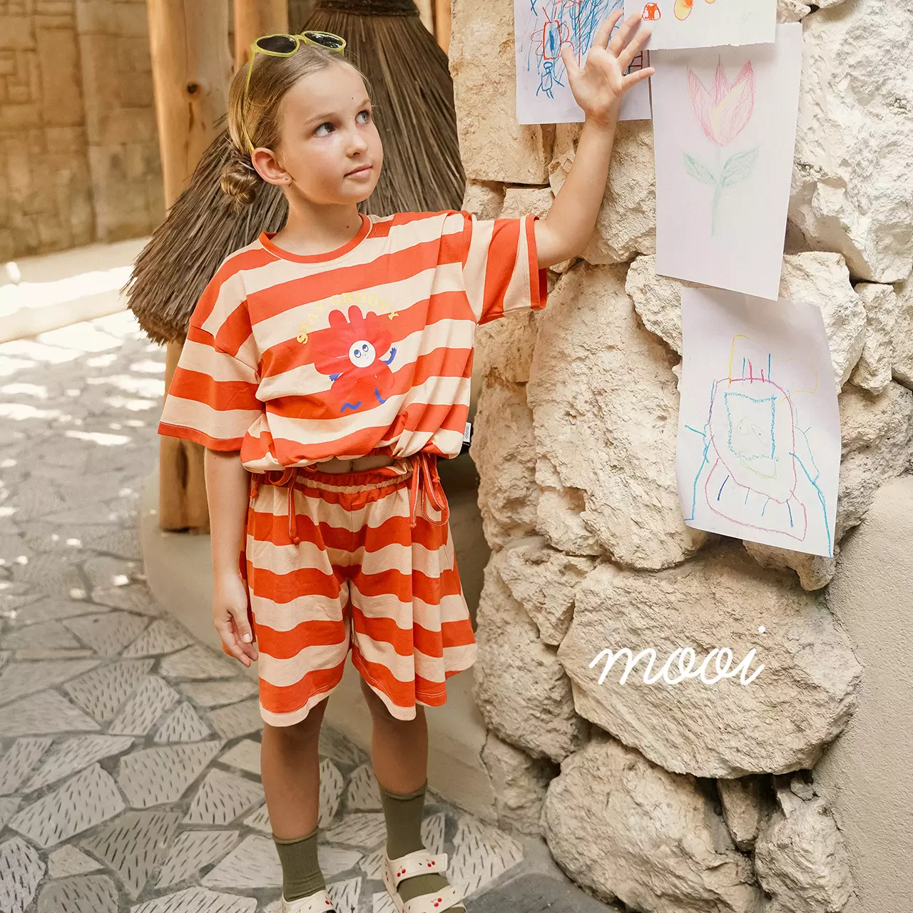 Mooi Setelan Anak Perempuan Nicole Striped Set - Orange Navy