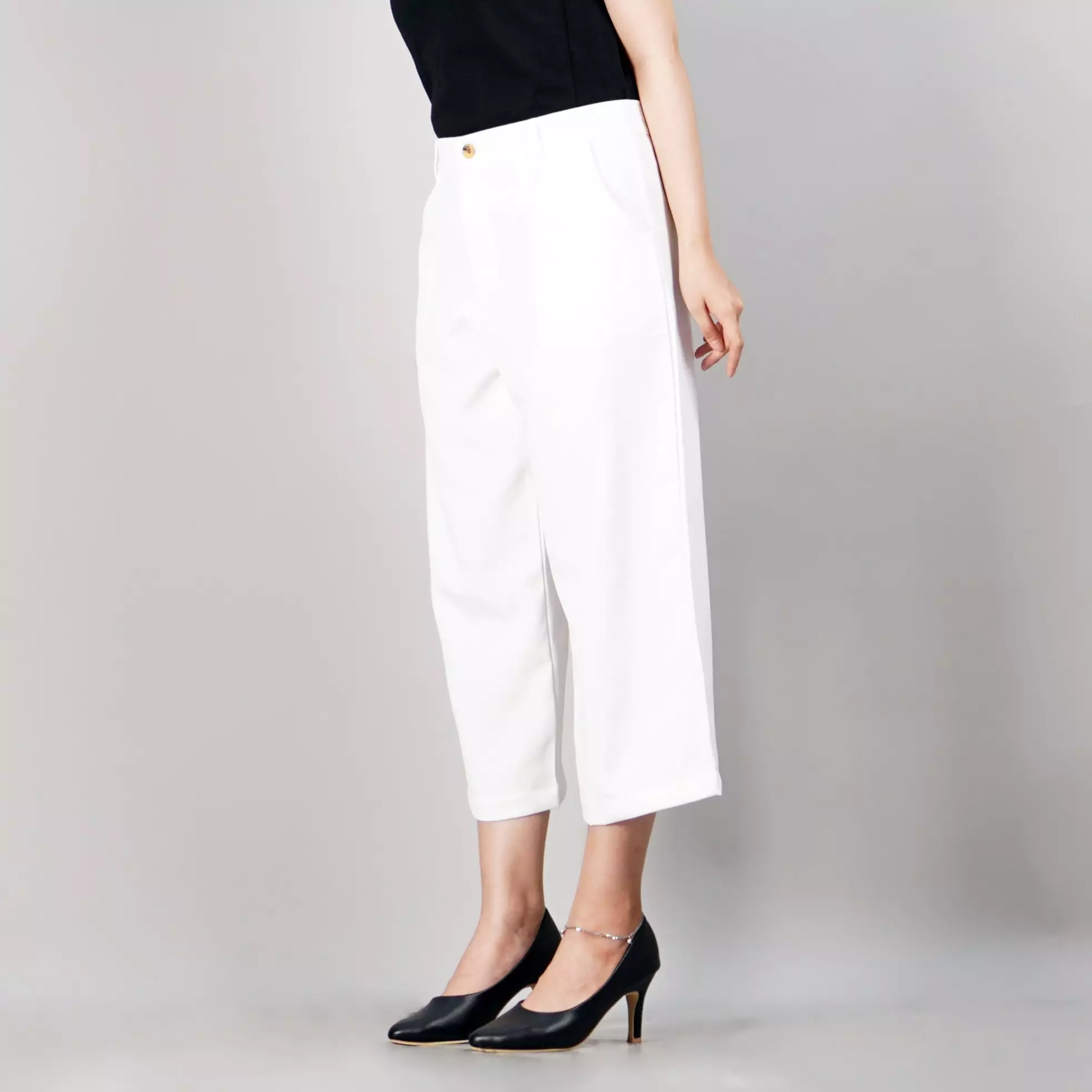 MONICA Celana Cropped Wide Leg Wanita 3/4 High Waist Wide Leg Pants - PUTIH