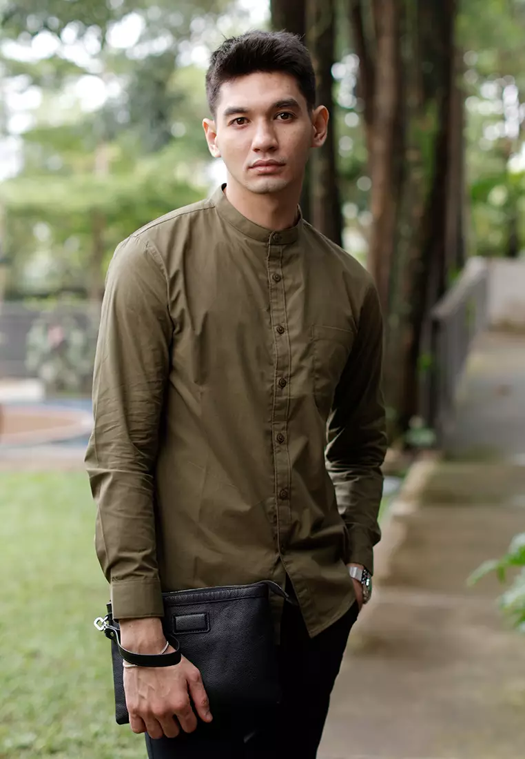 Oxcon Collarless Long Sleeve Business Shirt soft cotton Olive