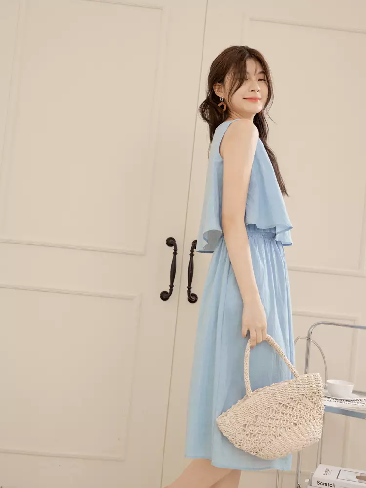 Faux two-piece cotton-linen sleeveless dress [DA10114]