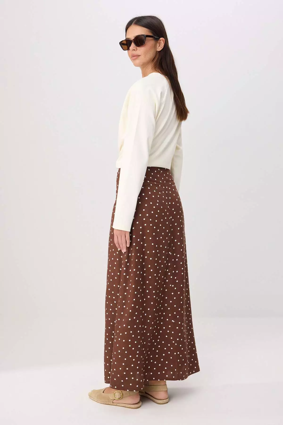 Brown-Multicolor A-Line Unlined Polka Dot Pieces Woven Top & Bottom Hijab Skirt Tctss22Ee0006