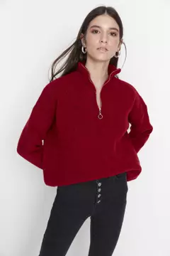 Red zip new arrivals up sweater women's