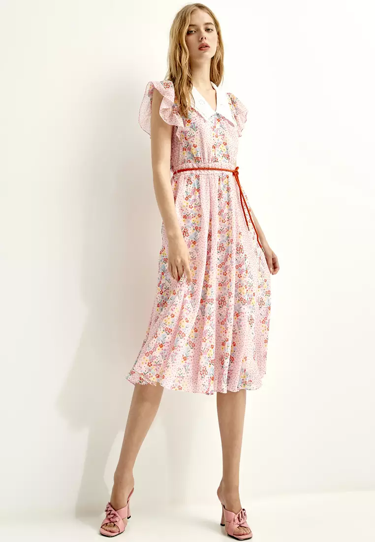 iROO Floral With Dotted Print Contrast Ruffle Dress