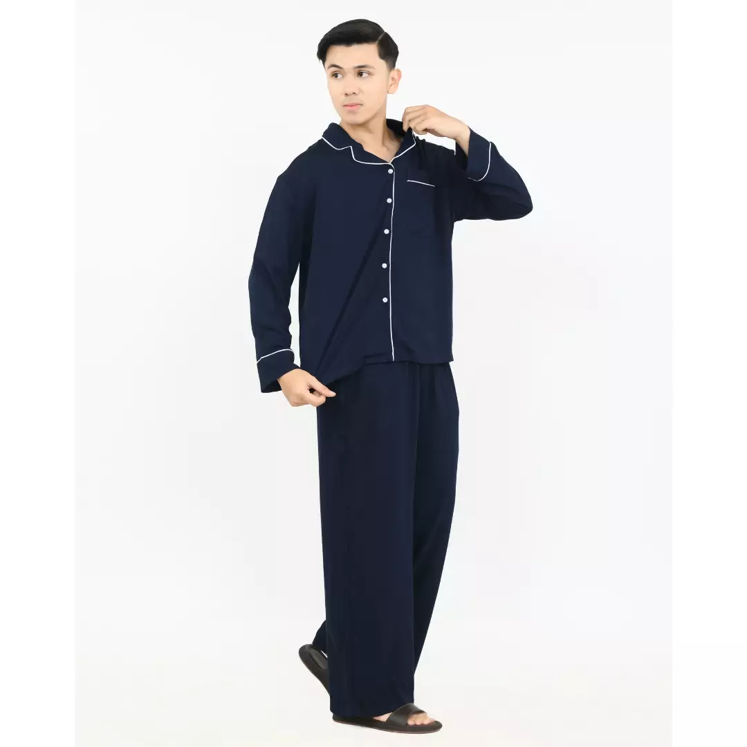 Setelan Baju Tidur Panjang Piyama Pria Plain [BIRU] One Set Sleepwear Pajamas Material Katun Size M-XXL