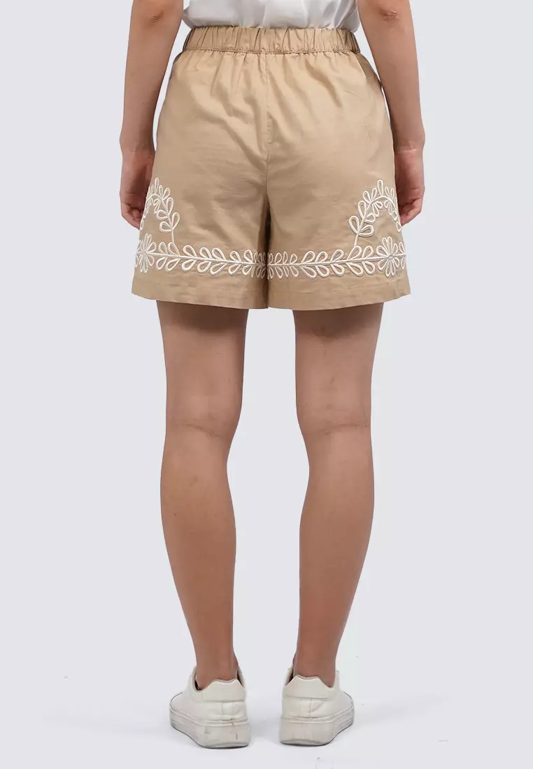 Embroidered Linen Short Pants KHAKI